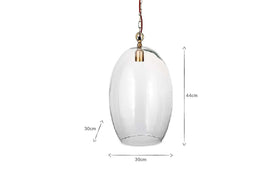 The Otoro Recycled Glass Pendant - Clear - Small Oval by nkuku features an oval-shaped recycled glass shade, brass fittings, and hanging chain. Measuring 44 cm high and 30 cm wide, it's a stylish choice for elegant lighting in any room.
