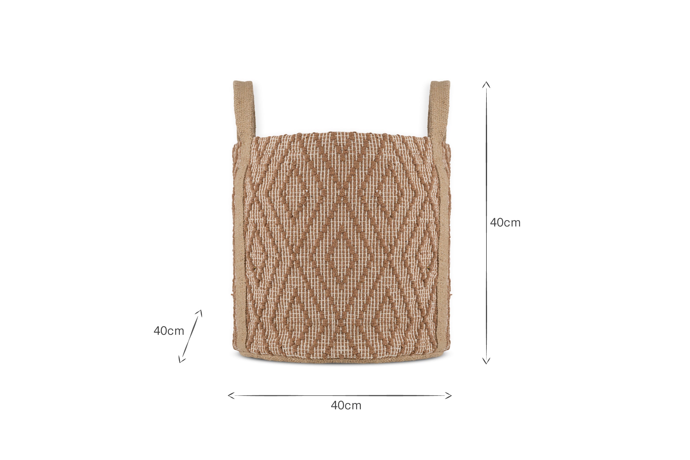 The Renu Jute Basket by nkuku is a cylindrical storage basket in rust and natural tones with two handles, a diamond pattern, and measures 40 cm high by 40 cm wide. Shown on a plain white background with arrows marking its dimensions.