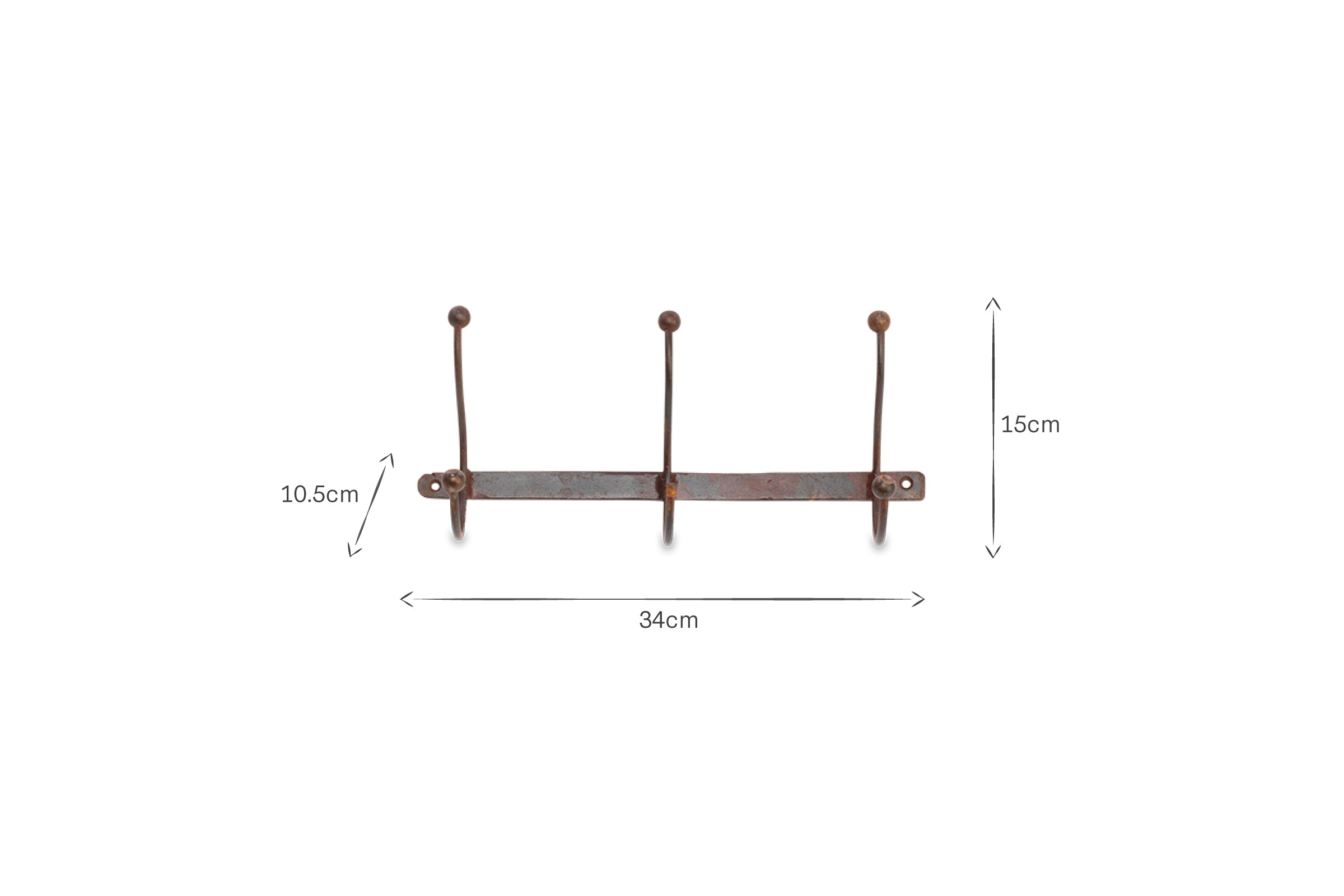 The nkuku Rama Iron Hook rack features three evenly spaced iron hooks on a 34 cm wide bar, each hook standing 15 cm tall. Measurements are clearly marked with arrows and labels for easy reference—a stylish hallway storage solution.