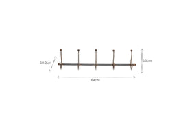 The nkuku Rama Iron Hook is a metal wall-mounted coat rack with five bronze-colored iron hooks and a black base, measuring 64 cm long. It’s a stylish storage solution for your hallway. White background.