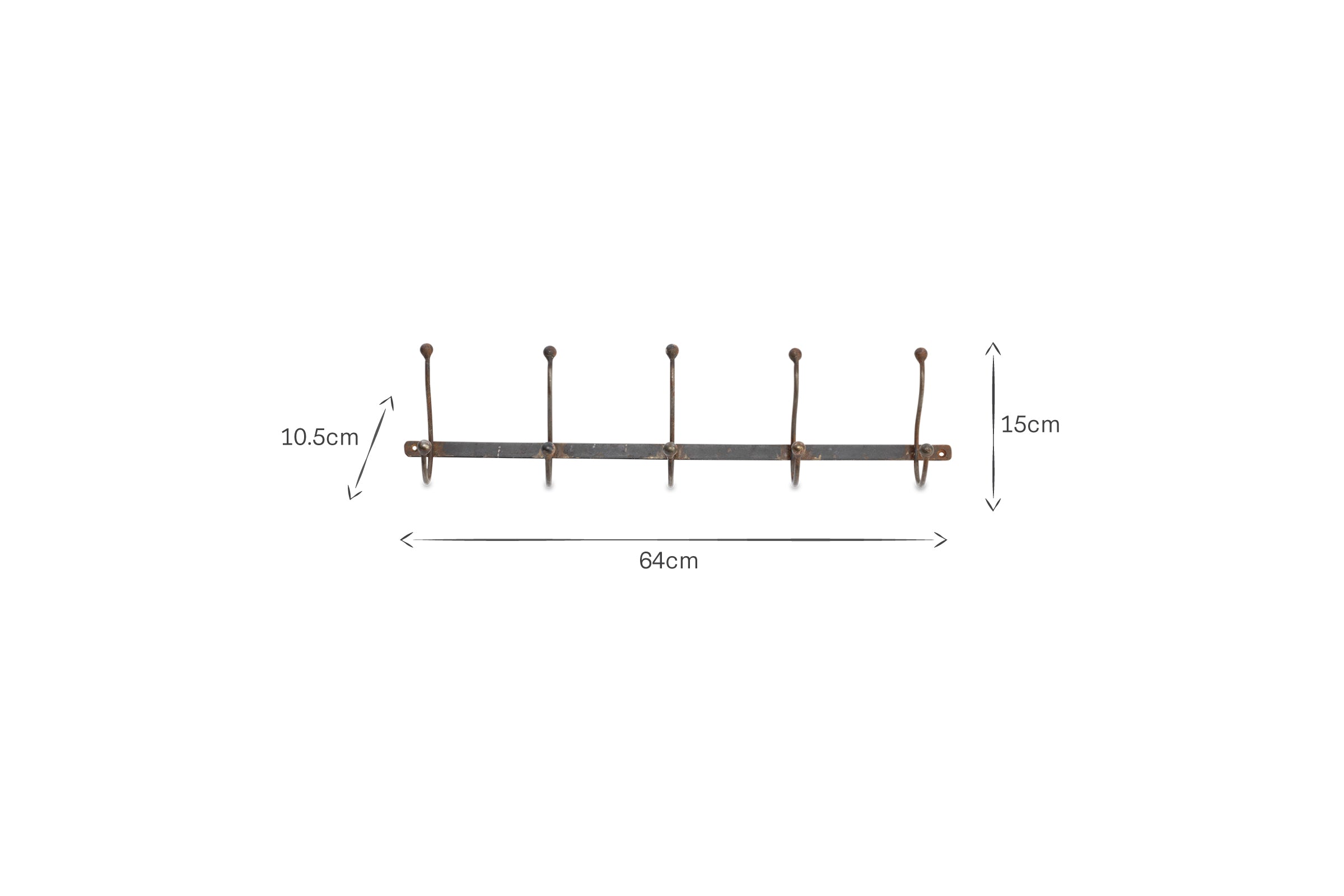 The nkuku Rama Iron Hook is a metal wall-mounted coat rack with five bronze-colored iron hooks and a black base, measuring 64 cm long. It’s a stylish storage solution for your hallway. White background.