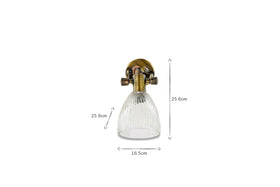 The nkuku Rarni Recycled Glass Single Wall Light features a ribbed glass shade and brass hardware. The image shows its height at 25.6 cm and the base width at 16.5 cm, set against a plain white background.