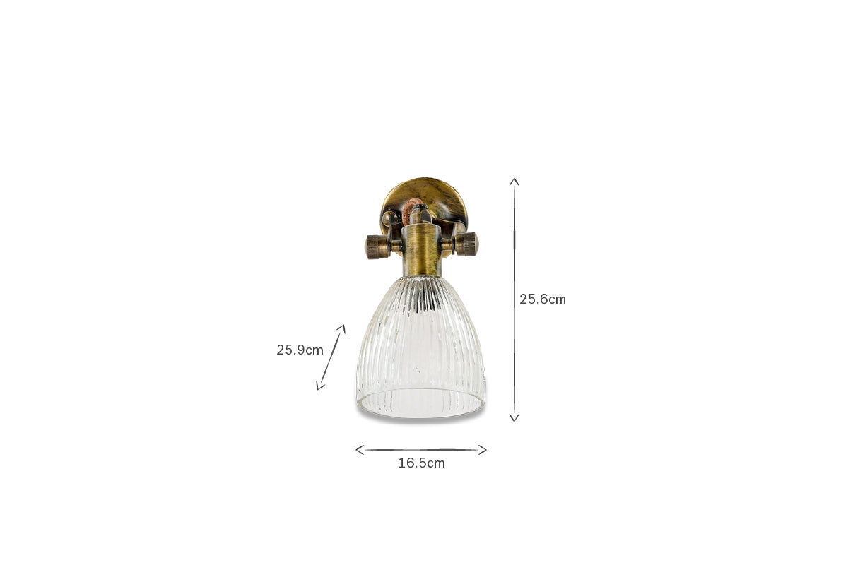 The nkuku Rarni Recycled Glass Single Wall Light features a ribbed glass shade and brass hardware. The image shows its height at 25.6 cm and the base width at 16.5 cm, set against a plain white background.