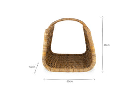 Front view of the Sadra Rattan Log Basket by nkuku, rectangular with rounded handles, measuring 50cm W x 45cm D x 43cm H. Natural wicker texture and dimension arrows are shown on a white background.