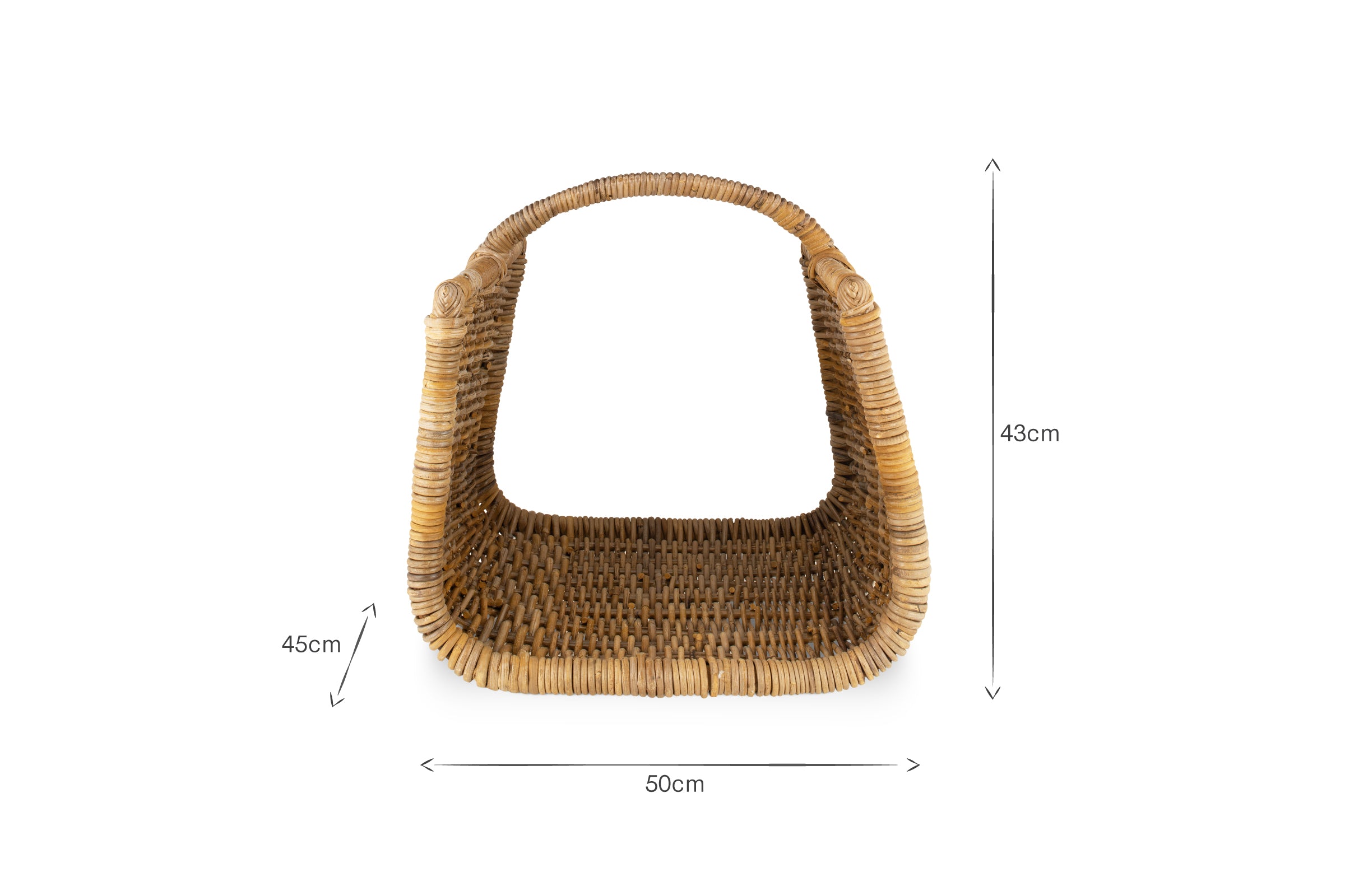 Front view of the Sadra Rattan Log Basket by nkuku, rectangular with rounded handles, measuring 50cm W x 45cm D x 43cm H. Natural wicker texture and dimension arrows are shown on a white background.