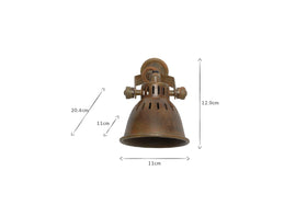 The Tubu Brass Spot Light by nkuku is a wall-mounted fixture in antique brass, featuring a domed ventilated shade and visible bolts. Arrows and measurements show its dimensions: 20.4 cm deep, 12.9 cm high, and 11 cm wide.