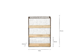 The nkuku Tamba Wall Hung Shelf has a black wire frame with a grid pattern and mango wood shelves. This rectangular unit is 61cm tall, 46cm wide, and 18cm deep, with three shelves and a 20cm-high bottom shelf.
