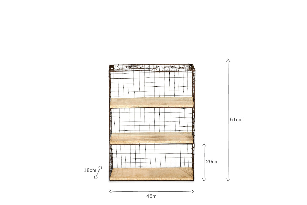 The nkuku Tamba Wall Hung Shelf has a black wire frame with a grid pattern and mango wood shelves. This rectangular unit is 61cm tall, 46cm wide, and 18cm deep, with three shelves and a 20cm-high bottom shelf.
