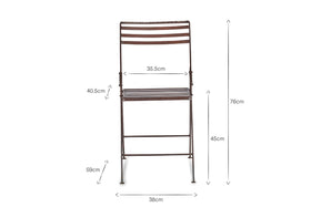 Front view of the Yealme Iron Bistro Chair by nkuku, an industrial outdoor piece featuring horizontal slats on backrest and seat. Dimensions: 76cm high, seat height 45cm, width 38cm, backrest 40.5cm, leg height 59cm.