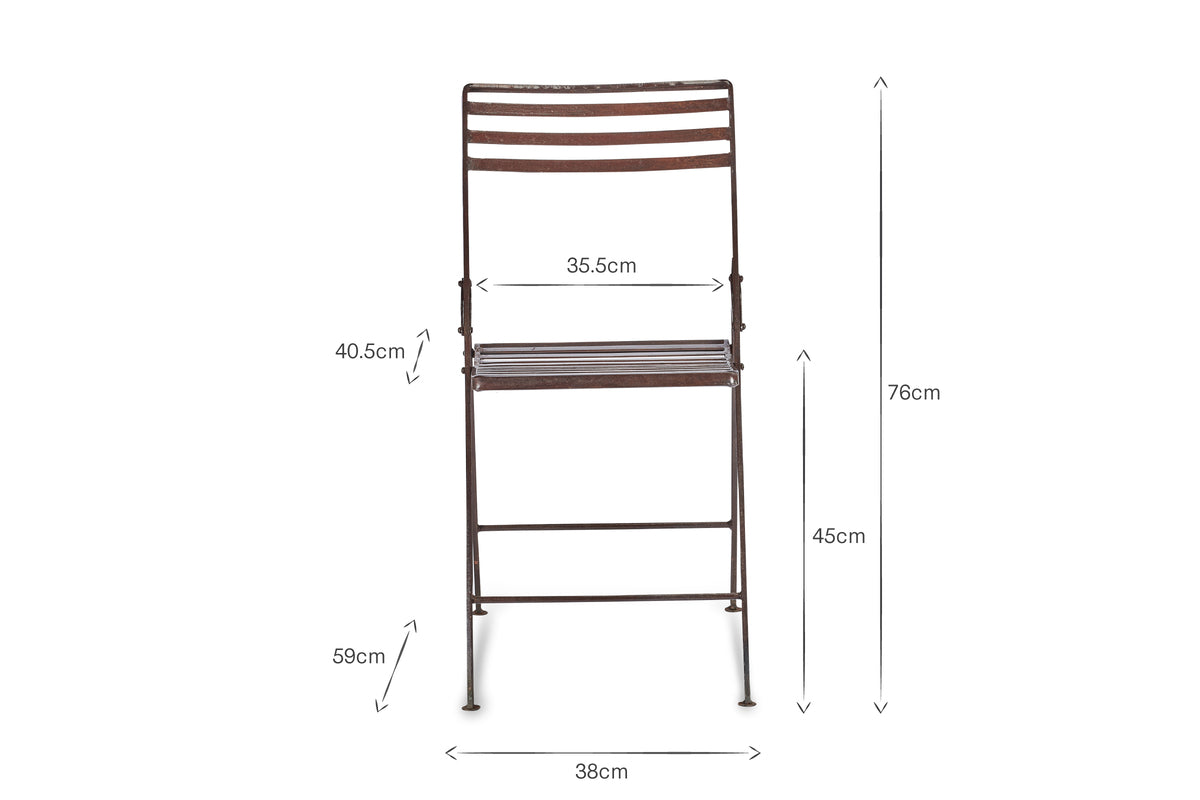 Front view of the Yealme Iron Bistro Chair by nkuku, an industrial outdoor piece featuring horizontal slats on backrest and seat. Dimensions: 76cm high, seat height 45cm, width 38cm, backrest 40.5cm, leg height 59cm.