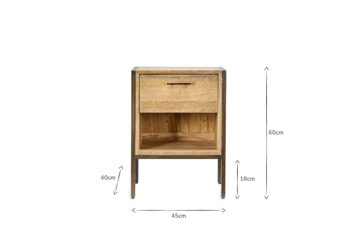 The nkuku Dasai Mango Wood Bedside Table has a black iron frame, one drawer, and an open shelf. Dimensions: 60cm high, 45cm wide; shelf at 40cm with 18cm space under the drawer. Shown on white background with dimension arrows.