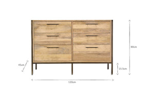 The Dasai Mango Wood Chest of Drawers by nkuku features six spacious drawers, metal handles, slim black legs (15.5cm high), and a light mango wood finish. Dimensions: 80cm H x 120cm W x 45cm D—perfect for adding minimalist style to your bedroom.