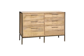 The Dasai Mango Wood Chest of Drawers by nkuku features six spacious drawers in two columns, a natural light mango wood finish, slim metal handles, and stands on four thin black legs with a matching metal frame around the base.