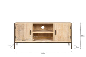 The nkuku Dasai Mango Wood Media Unit features light mango wood, black metal legs, two side doors, and open central shelves. Dimensions: 145cm W x 65cm H x 40cm D. Central shelves: 21.6cm H x 59cm W; side compartment: 44.6cm H.