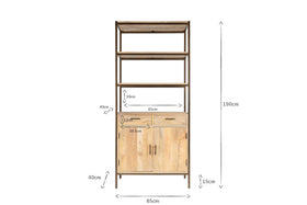 The Dasai Mango Wood Storage Unit by nkuku is a sustainable living room piece with black frame, two open shelves, two drawers, and a two-door cabinet. Measures 190cm H x 85cm W x 40cm D.