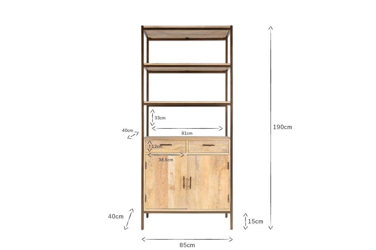 The Dasai Mango Wood Storage Unit by nkuku is a sustainable living room piece with black frame, two open shelves, two drawers, and a two-door cabinet. Measures 190cm H x 85cm W x 40cm D.