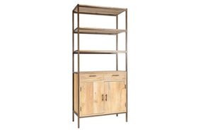 The Dasai Mango Wood Storage Unit by nkuku features a metal frame, light mango wood accents, two open shelves, two drawers, and a cabinet with black handles—ideal for stylish, modern living room storage.