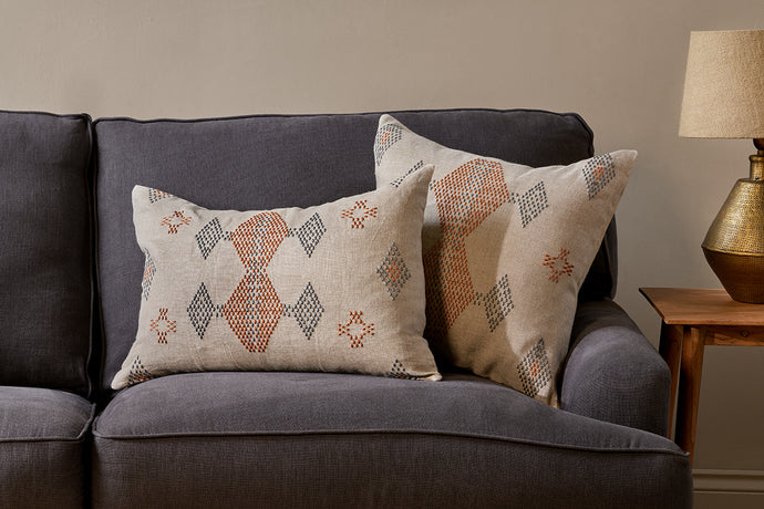 Ekta Embroidered Linen Cushion Cover - Natural & Rust