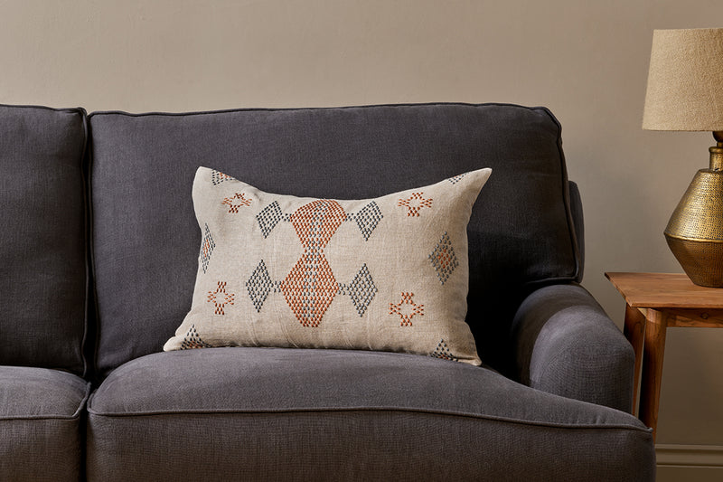 Ekta Embroidered Linen Cushion Cover - Natural & Rust