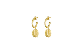 The Esta Hoop Earrings - Gold by nkuku feature textured, hammered oval pendants hanging from each shiny hoop, offering a simple and elegant handcrafted style. Shown in one size against a plain white background.