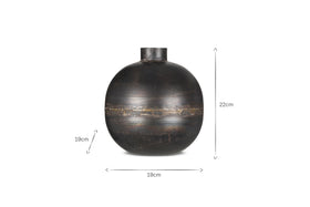 The nkuku Endo Recycled Iron Vase - Black, with a round shape, narrow neck, and visible horizontal lines, is centered on a white background. It measures 22cm tall and 19cm wide, with measurements indicated by arrows.