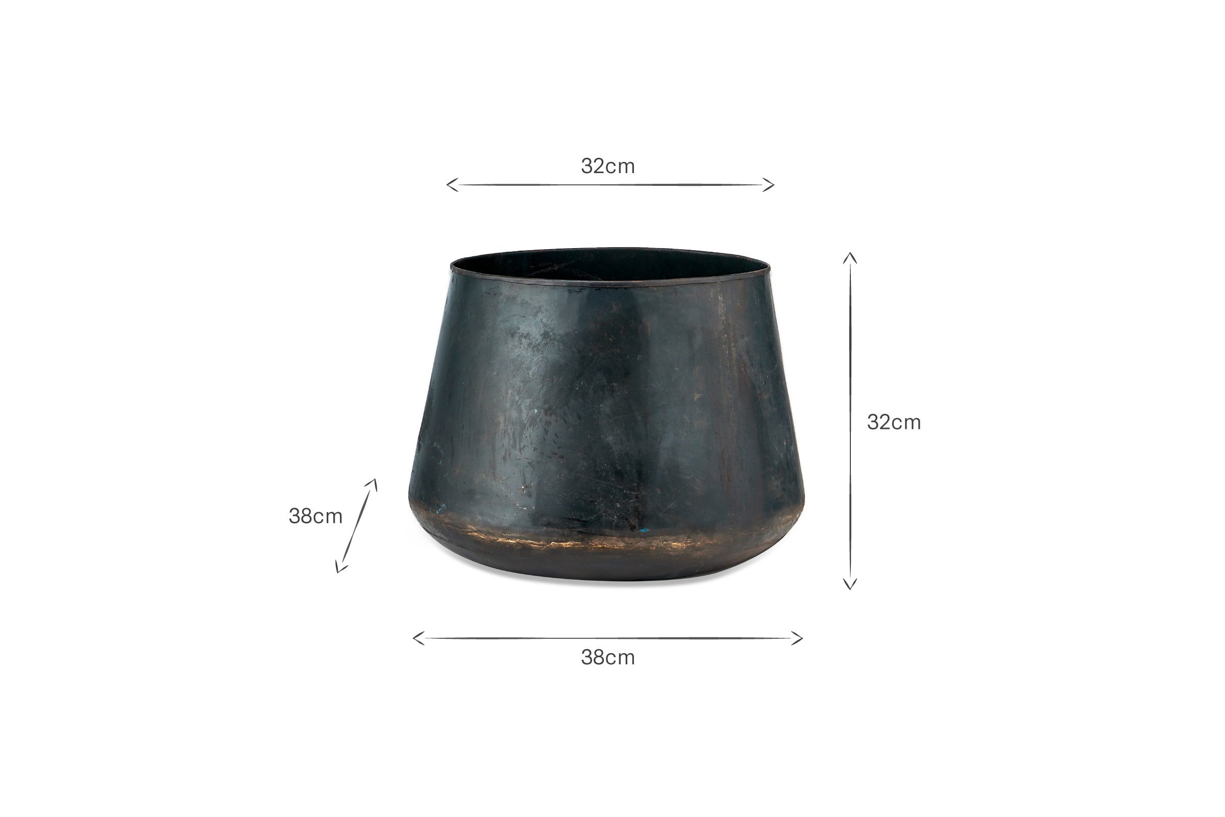 The Endo Reclaimed Iron Planter by nkuku, shown in black with a wide 38 cm base, 32 cm top, and 32 cm height, is crafted from recycled iron—an eco-friendly choice to enhance your garden planters collection.