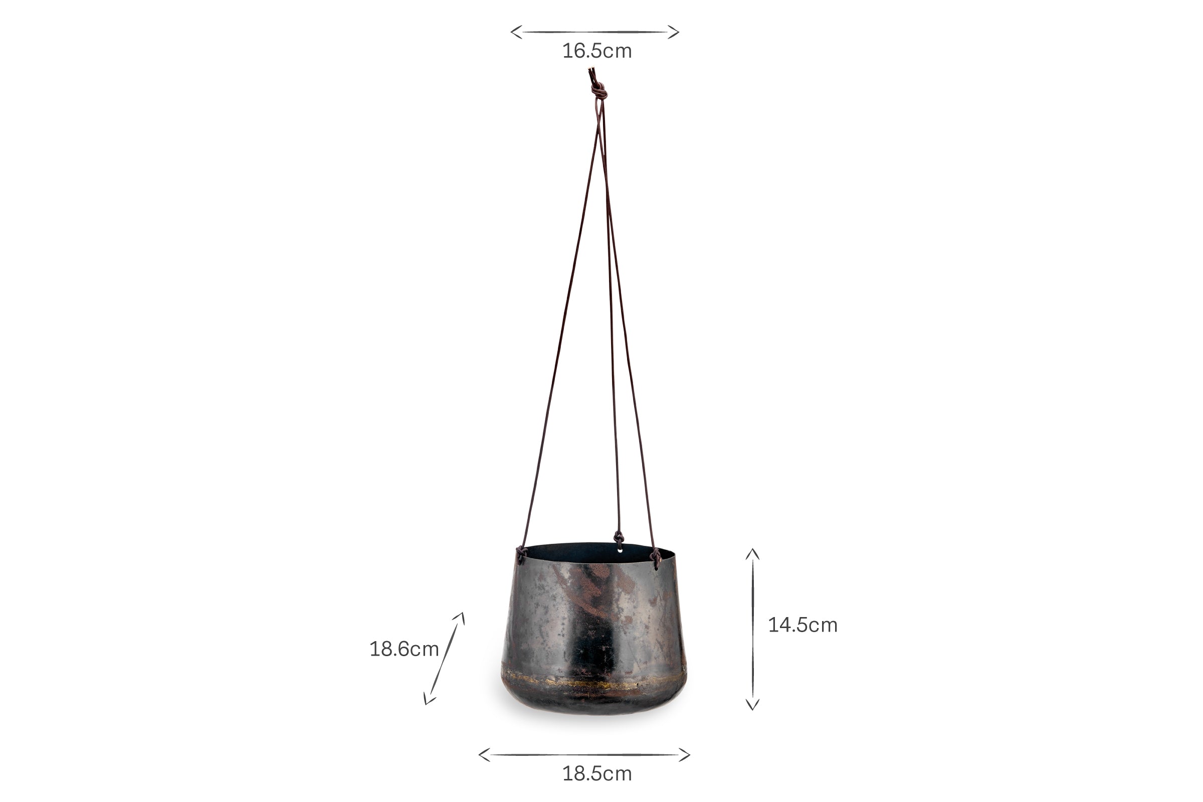 The Endo Reclaimed Iron Hanging Planter by nkuku features a round base, three brown suspension cords, and a weathered finish. Ideal for indoor plants, it measures 18.5cm W x 18.6cm H x 14.5cm D and is crafted from reclaimed iron.