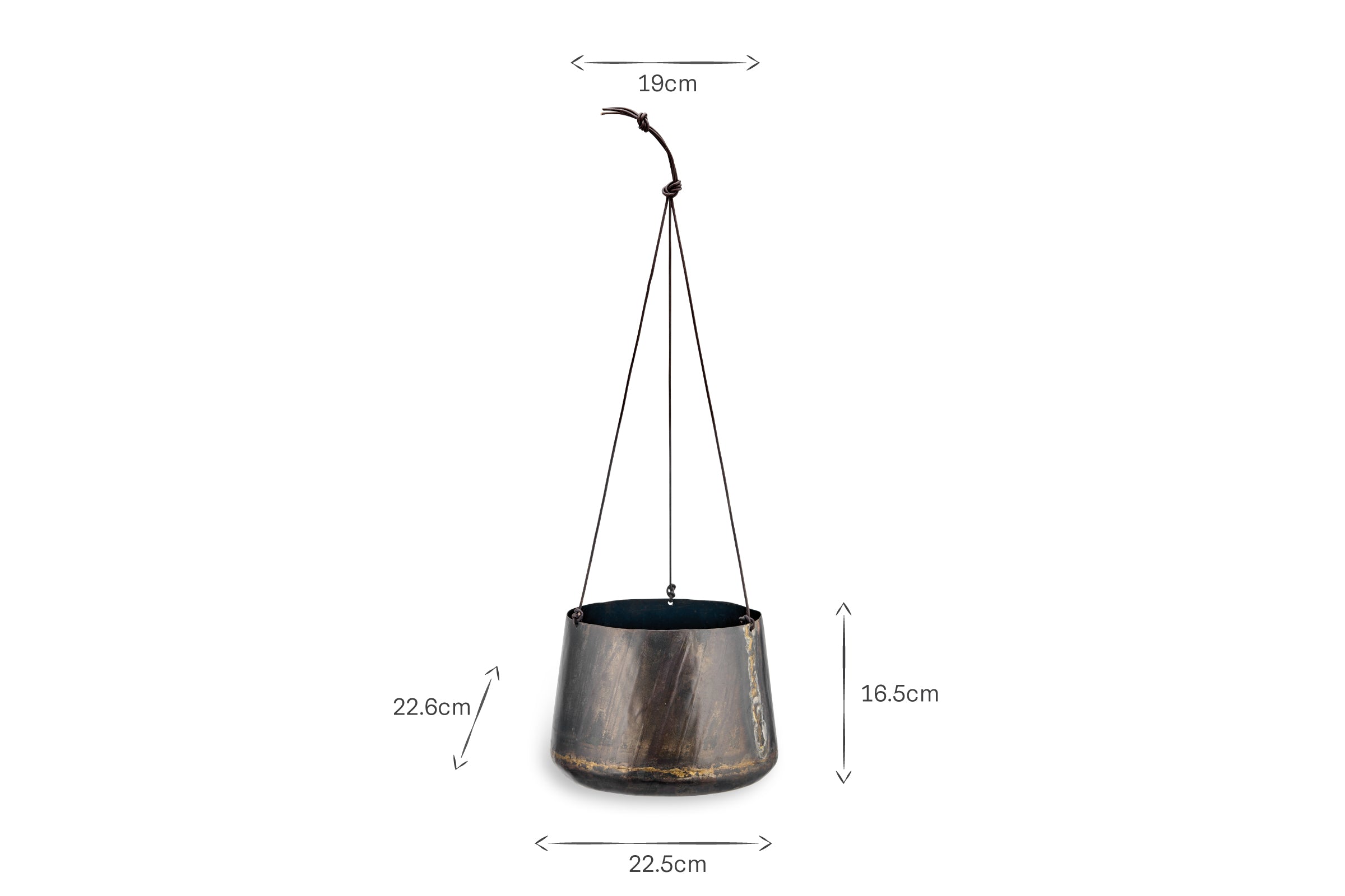 The Endo Reclaimed Iron Hanging Planter by nkuku features a dark metallic finish and gently tapered cylindrical shape. Ideal for indoor plants, it hangs on three black cords. Dimensions: 19cm top, 22.5cm base, 16.5cm pot height, 22.8cm cord.