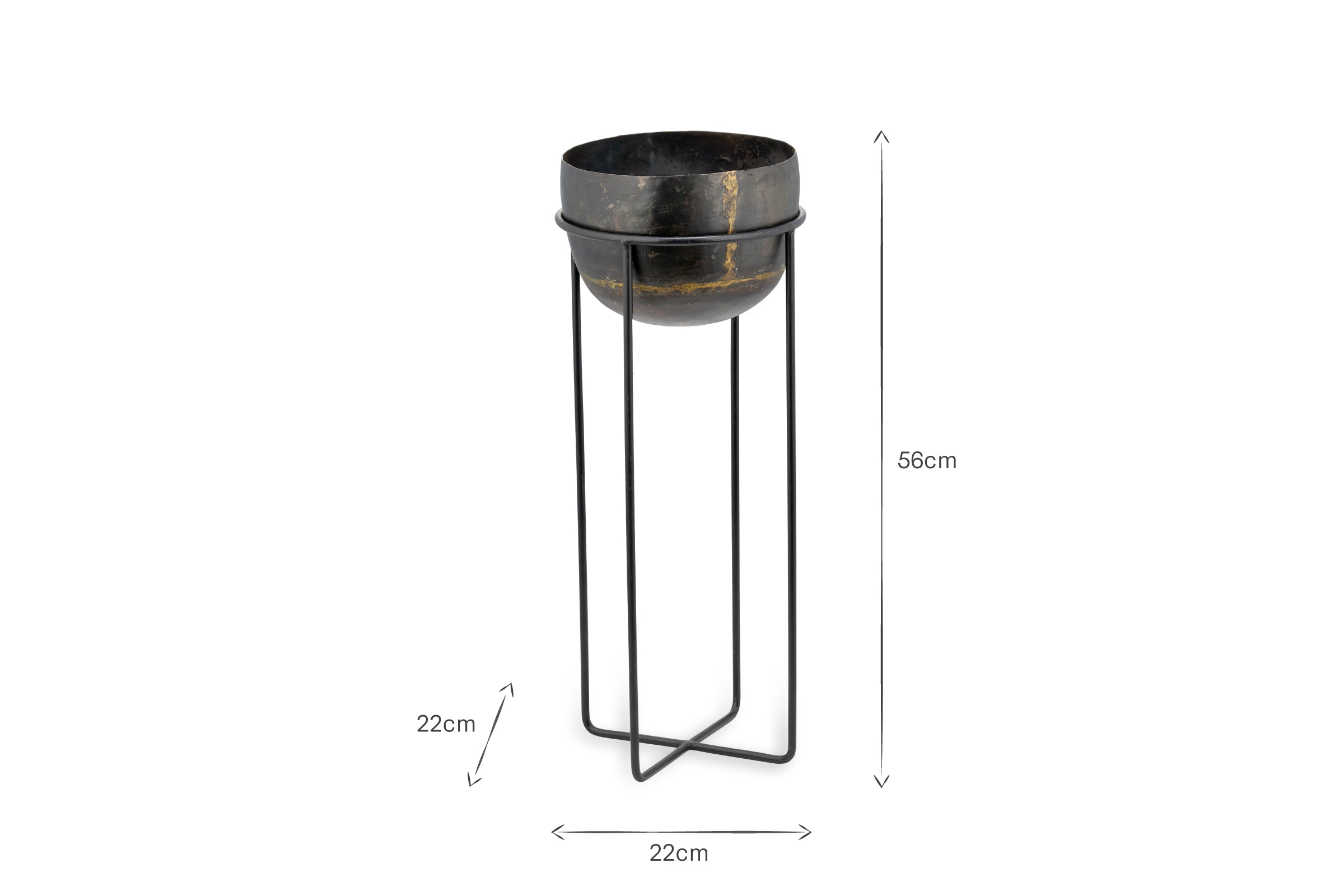 The nkuku Endo Reclaimed Iron Planter Stand features a black round bowl-shaped pot on a geometric three-legged base, perfect for house plants. It measures 56 cm high and 22 cm wide/deep, shown against a plain white background.
