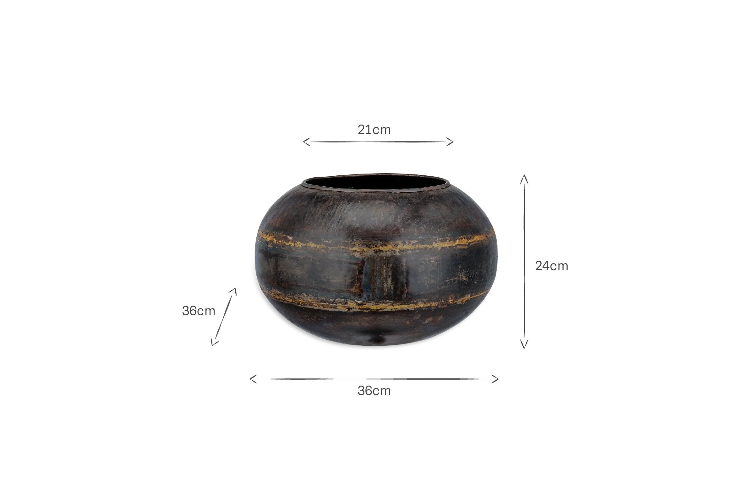 The nkuku Endo Reclaimed Iron Globe Planter is shown in distressed black with gold bands, featuring a wide body, narrow opening, and measures 36cm wide by 24cm tall; arrows indicate the dimensions. Crafted from reclaimed iron.