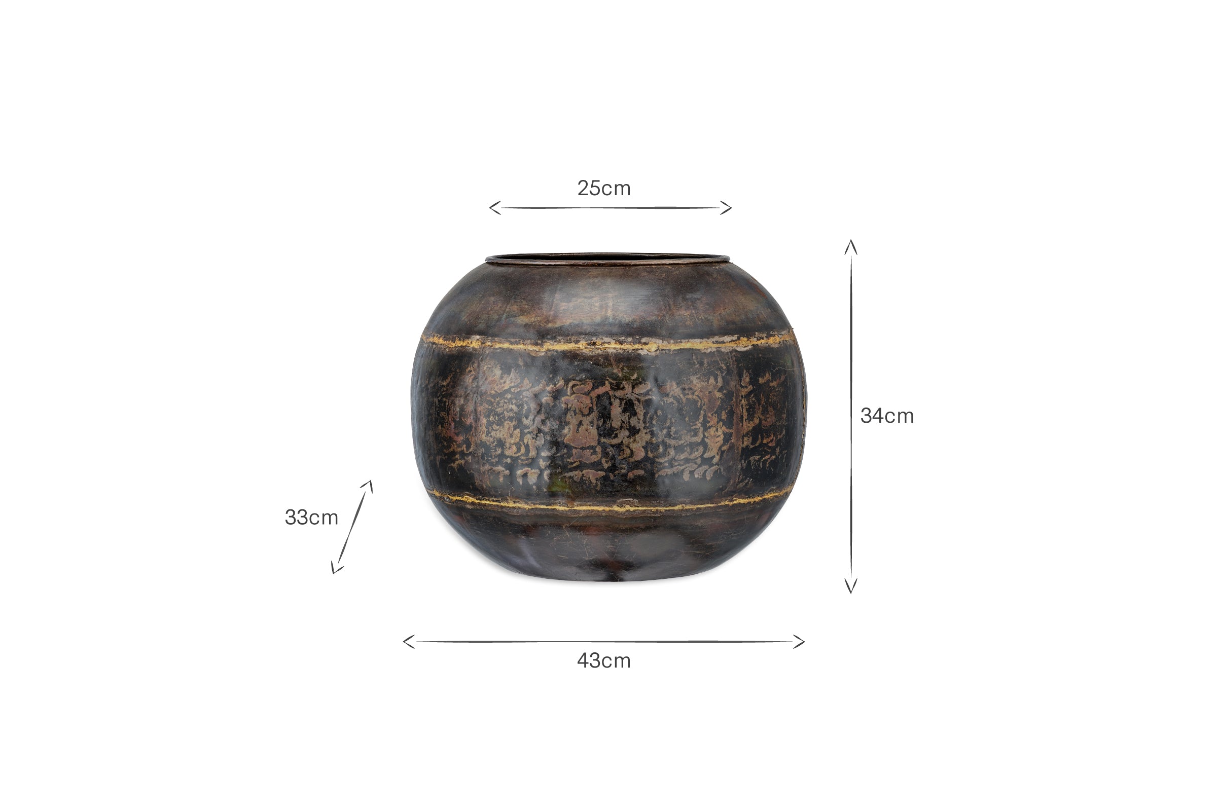 The nkuku Endo Reclaimed Iron Globe Planter is a round, dark brown pot (height: 34cm, width: 43cm, opening: 25cm) with horizontal bands and a distressed black iron finish. Measurement arrows shown. Displayed on a white background.