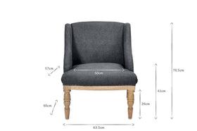 The nkuku Elbu Deconstructed Linen Armchair - Charcoal is front-facing, showing dark grey linen upholstery and mango wood legs. Dimensions: chair height 76.5cm, leg height 26cm, seat height 41cm, width 63.5cm, seat width 50cm, backrest height 57cm.