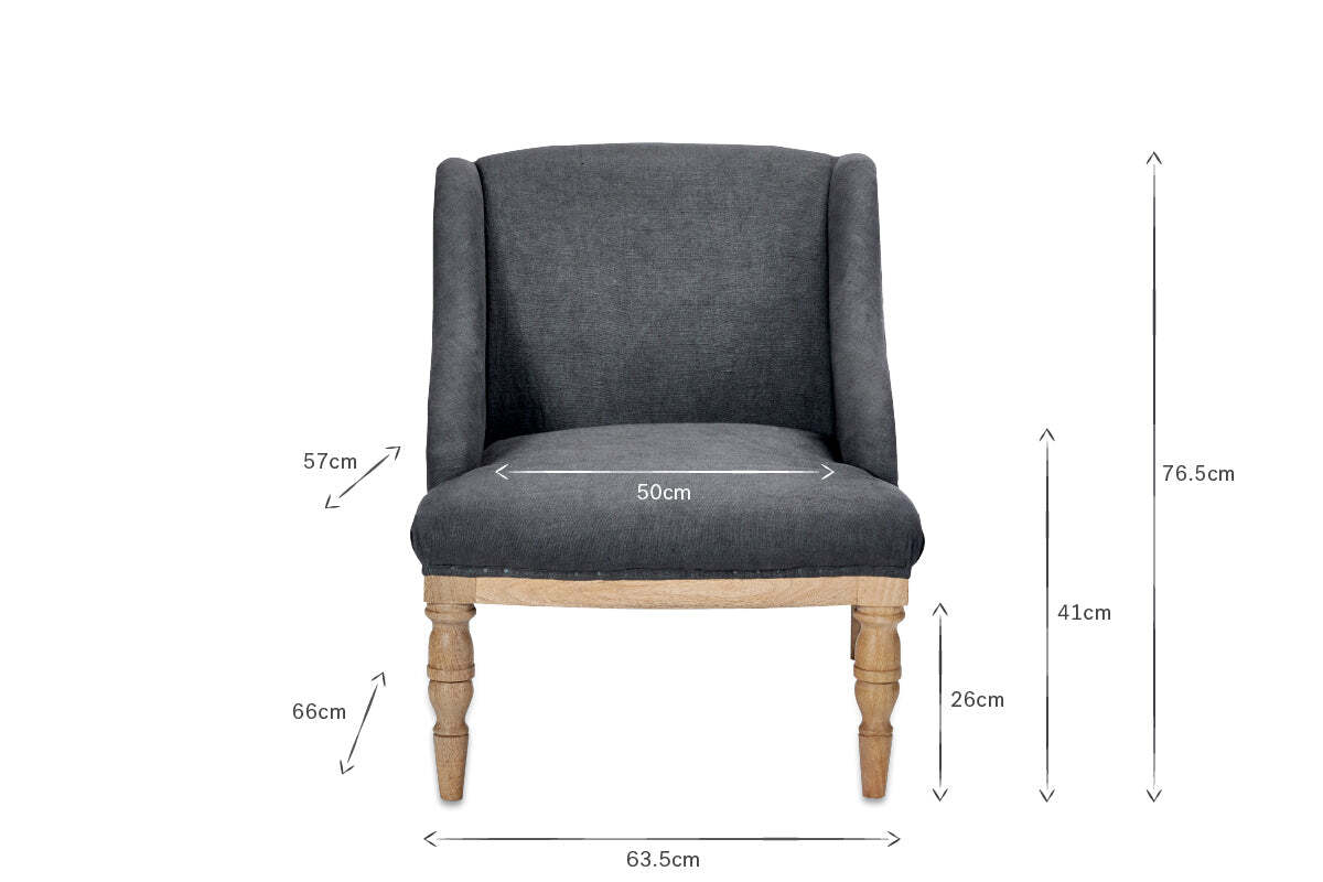 The nkuku Elbu Deconstructed Linen Armchair - Charcoal is front-facing, showing dark grey linen upholstery and mango wood legs. Dimensions: chair height 76.5cm, leg height 26cm, seat height 41cm, width 63.5cm, seat width 50cm, backrest height 57cm.