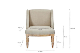 The nkuku Elbu Deconstructed Linen Armchair in Stone features beige linen upholstery, turned mango wood legs, and measures 50cm seat width, 57cm seat depth, 66cm leg height, 26cm seat height, 41cm arm height, 76.5cm H x 63.5cm W.