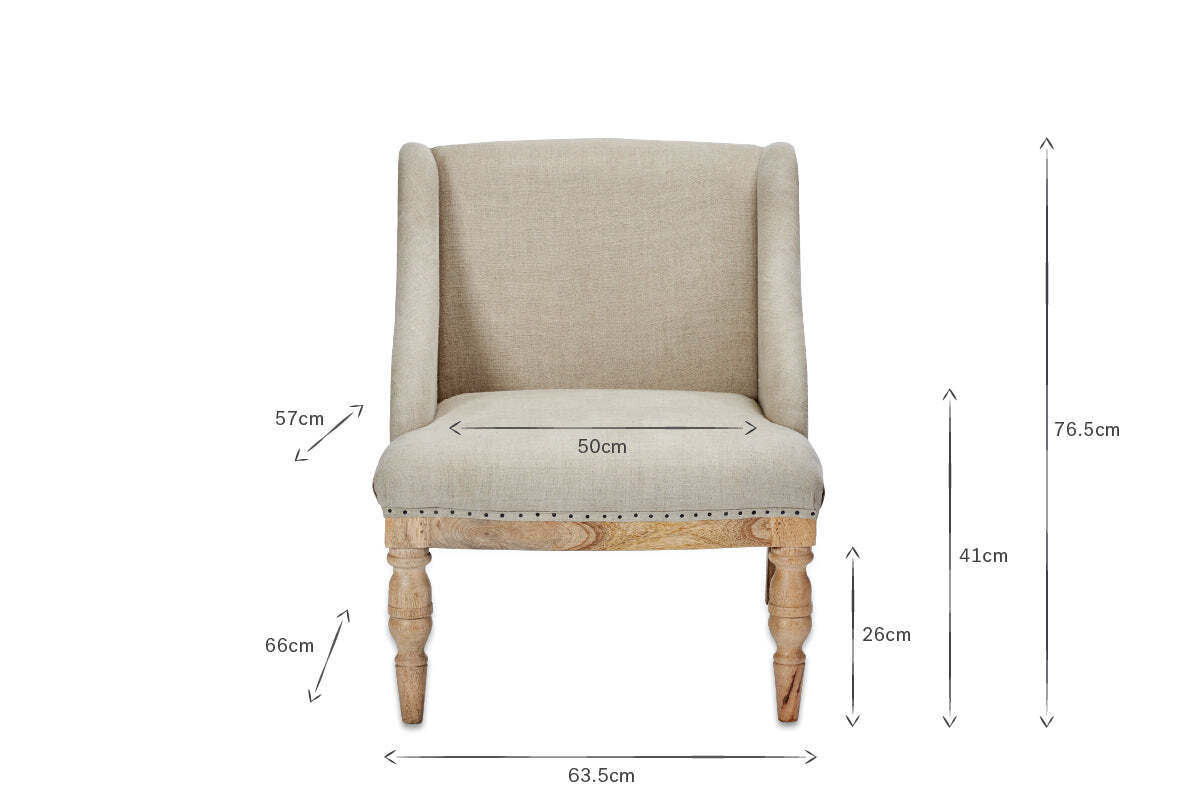 The nkuku Elbu Deconstructed Linen Armchair in Stone features beige linen upholstery, turned mango wood legs, and measures 50cm seat width, 57cm seat depth, 66cm leg height, 26cm seat height, 41cm arm height, 76.5cm H x 63.5cm W.