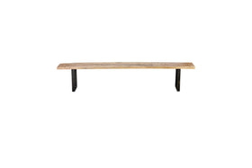 The nkuku Fia Bench features a minimalist, functional design with a natural light brown mango wood seat and two black angular legs at each end, shown against a plain white background.