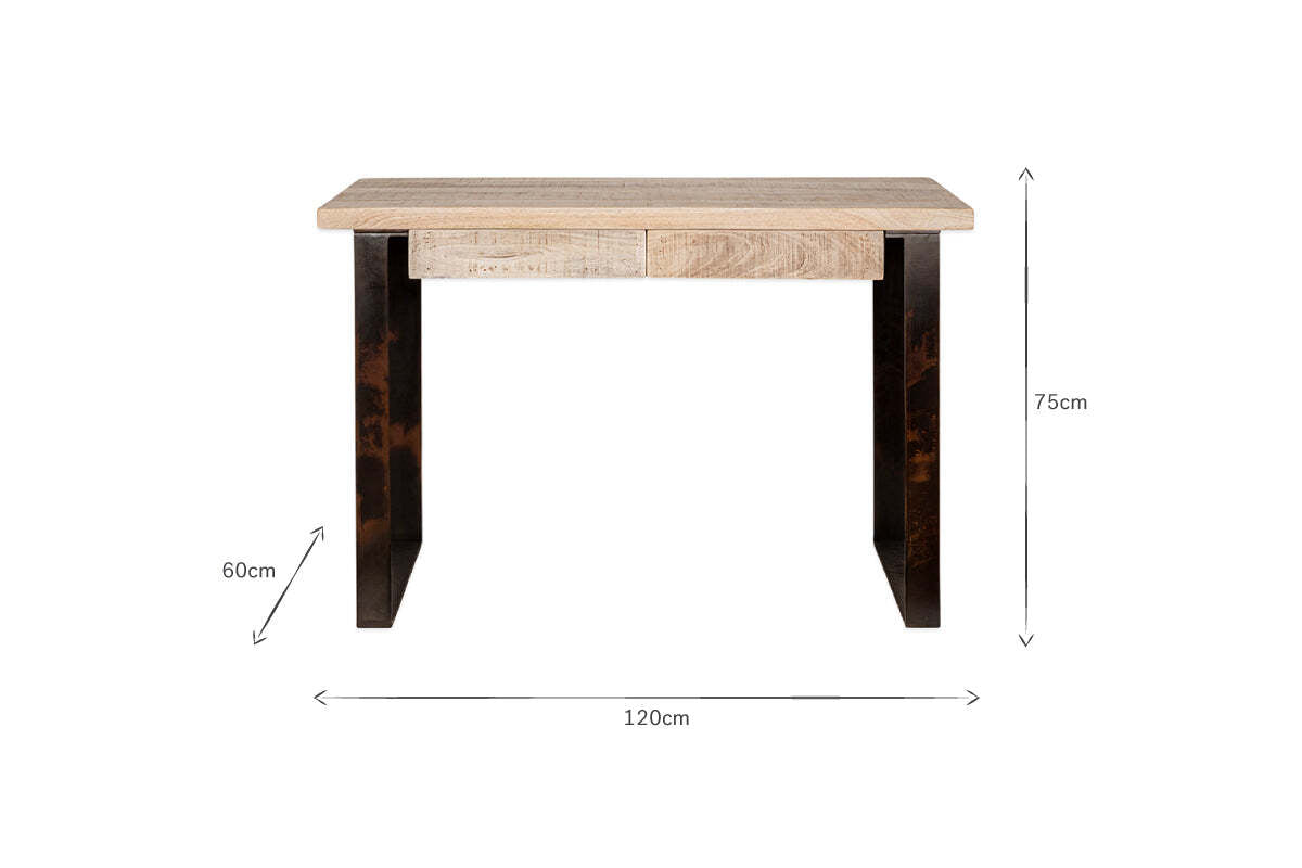 The nkuku Fia Mango Wood Desk - Natural is shown from the front, featuring a light mango wood top, dark legs, two drawers, and labeled dimensions: 75cm high, 120cm wide, and 60cm deep. The background is white.