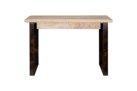 The Fia Mango Wood Desk - Natural by nkuku features a slim light mango wood top, one front drawer, and dark metal legs in an open rectangular frame for a minimalist, industrial look.