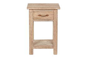 The nkuku Ibo Reclaimed Wood Bedside Table - Natural features a rectangular top, single drawer with curved handle, open lower shelf, and four straight legs. Its light reclaimed wood finish and visible grain give it rustic charm.