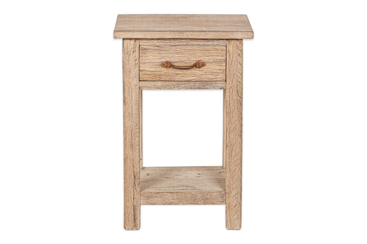 The nkuku Ibo Reclaimed Wood Bedside Table - Natural features a rectangular top, single drawer with curved handle, open lower shelf, and four straight legs. Its light reclaimed wood finish and visible grain give it rustic charm.