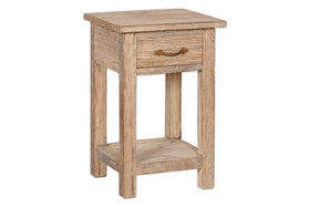 The Ibo Reclaimed Wood Bedside Table - Natural from nkuku is a compact, rustic table with visible wood grain, a rope-handled drawer, open shelf, and straight legs. Its weathered finish and sturdy design add charm to any space.