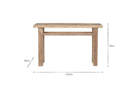 The nkuku Ibo Reclaimed Wood Console Table in natural finish showcases rustic charm with a rectangular design and straight legs. It measures 76 cm high, 38 cm deep, and 125 cm wide. Displayed on a white background with dimension arrows.