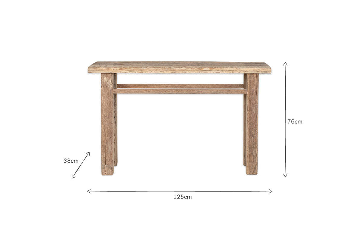 The nkuku Ibo Reclaimed Wood Console Table in natural finish showcases rustic charm with a rectangular design and straight legs. It measures 76 cm high, 38 cm deep, and 125 cm wide. Displayed on a white background with dimension arrows.