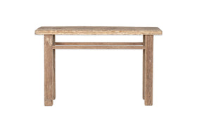 The nkuku Ibo Reclaimed Wood Console Table - Natural features a simple rectangular design with wooden panels, four straight legs, and a support bar, showcasing rustic charm and minimalism against a white backdrop.