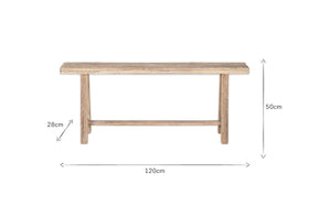 The Ibo Reclaimed Wood Long Bench by nkuku is displayed against a white background. Measuring 120 cm (L) x 28 cm (D) x 50 cm (H), its dimensions are shown with arrows and numbers. The bench features a simple, rustic design in natural wood.