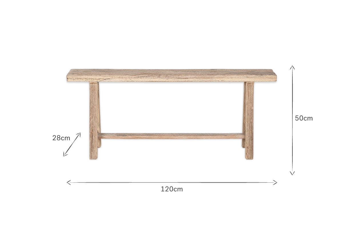 The Ibo Reclaimed Wood Long Bench by nkuku is displayed against a white background. Measuring 120 cm (L) x 28 cm (D) x 50 cm (H), its dimensions are shown with arrows and numbers. The bench features a simple, rustic design in natural wood.