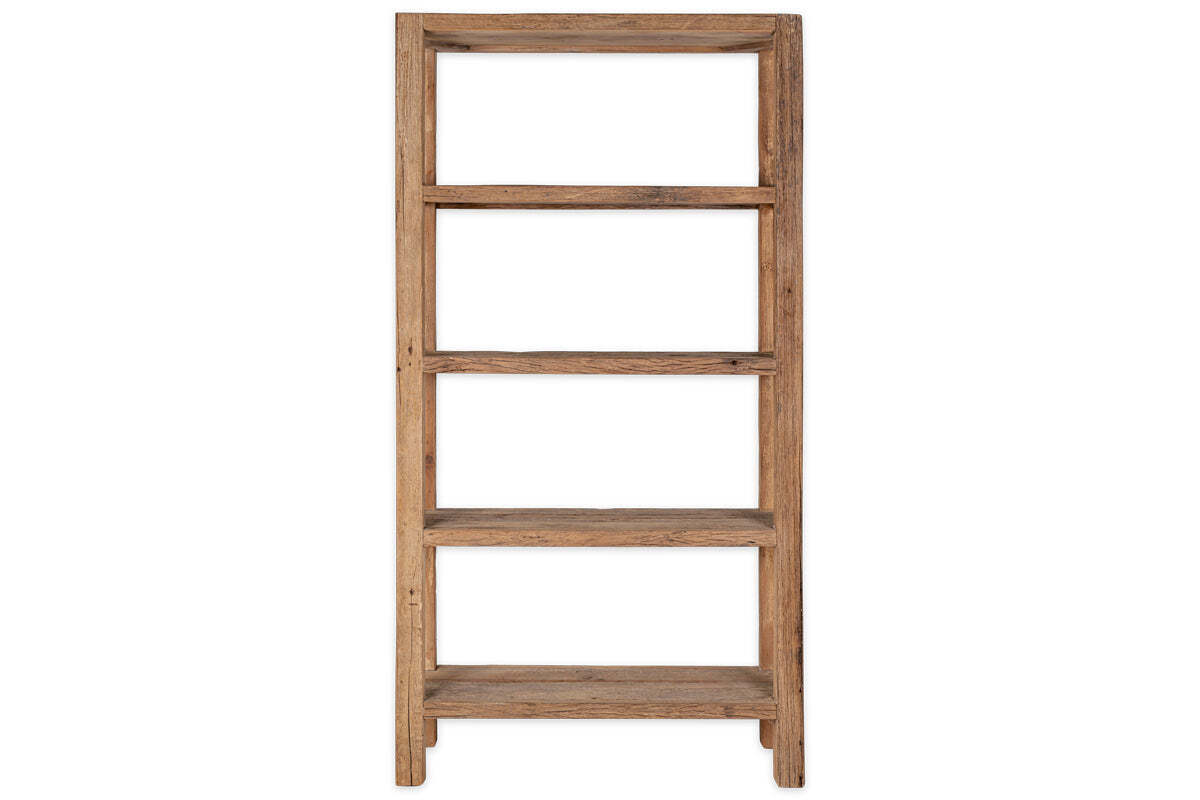 The Ibo Reclaimed Wood Shelf - Natural - Wide by nkuku features four shelves and a simple rectangular design in light brown reclaimed wood, highlighting visible grain for rustic style against a plain white background.