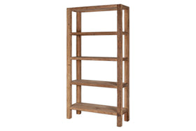 The Ibo Reclaimed Wood Shelf – Natural – Wide by nkuku is a tall, wide bookshelf with four evenly spaced shelves and a rustic finish, crafted from reclaimed wood and shown against a plain white background.
