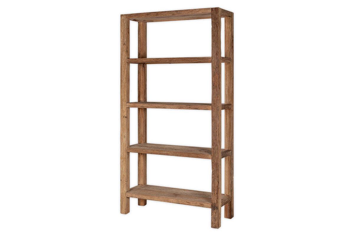 The Ibo Reclaimed Wood Shelf – Natural – Wide by nkuku is a tall, wide bookshelf with four evenly spaced shelves and a rustic finish, crafted from reclaimed wood and shown against a plain white background.