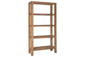 The nkuku Ibo Reclaimed Wood Shelf - Natural - Wide is a tall, rectangular bookshelf with four shelves, sturdy legs, and a minimalist design that highlights the wood grain for rustic, timeless appeal. Photographed on white.